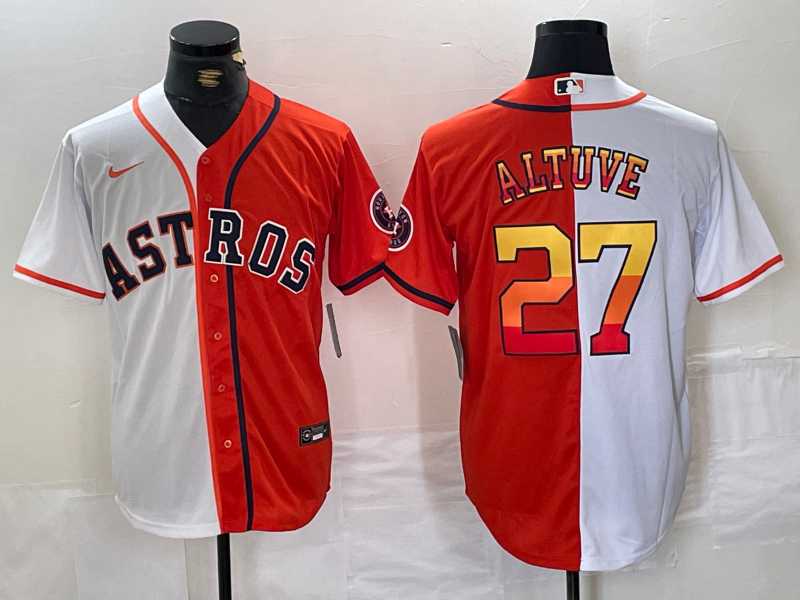 Mens Houston Astros #27 Jose Altuve White Orange Split Stitched Baseball Jersey Dzhi